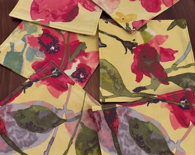 Colorful Floral Cloth Cocktail Napkins, Reversible,  Set of 6, 6 inch