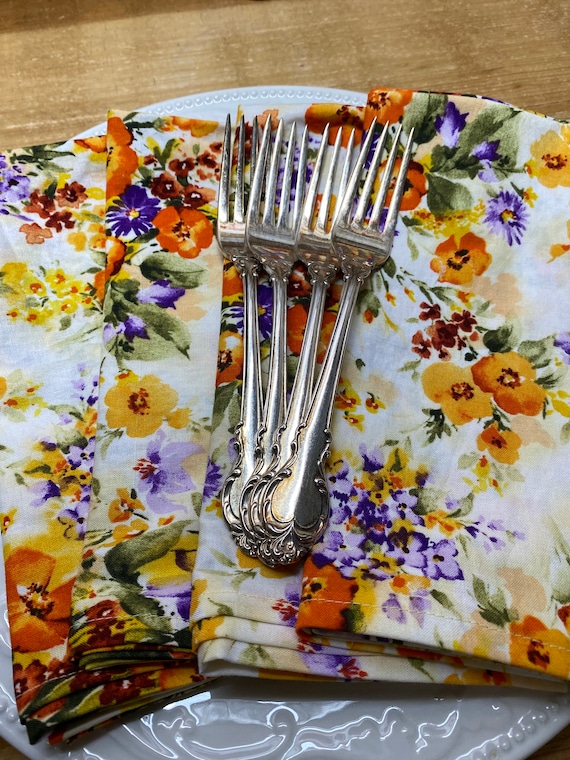 Floral Cloth Napkins, Set of 6, Purple, Gold, Orange, Green, 18 inch Dinner Napkins, Easter, Spring, Mother's Day, Lovely Gift