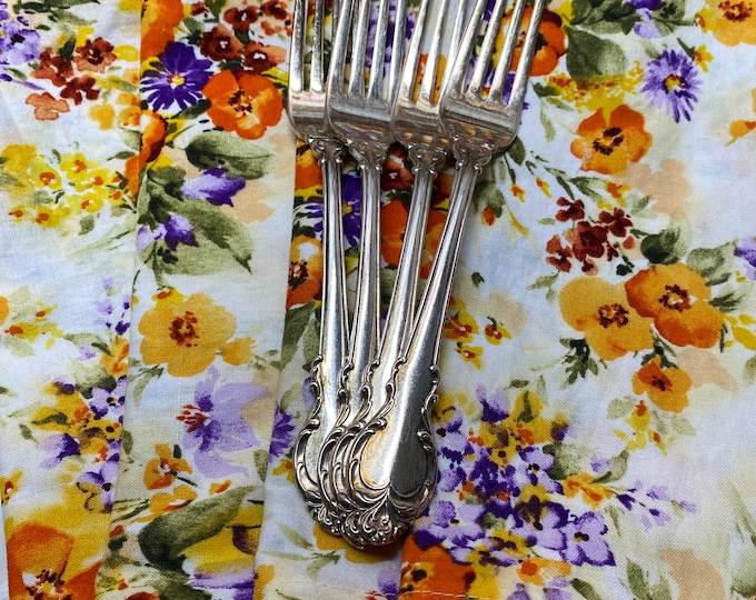 Floral Cloth Dinner Napkins, Purple, Gold, Orange, Set of 6