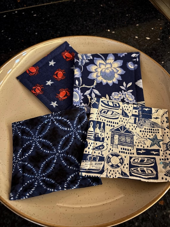 Reusable Washable Kitchen Sponges, Set of 4, Fun Blue Nautical Style Fabrics, Eco Friendly, perfect gift for green-conscious friends