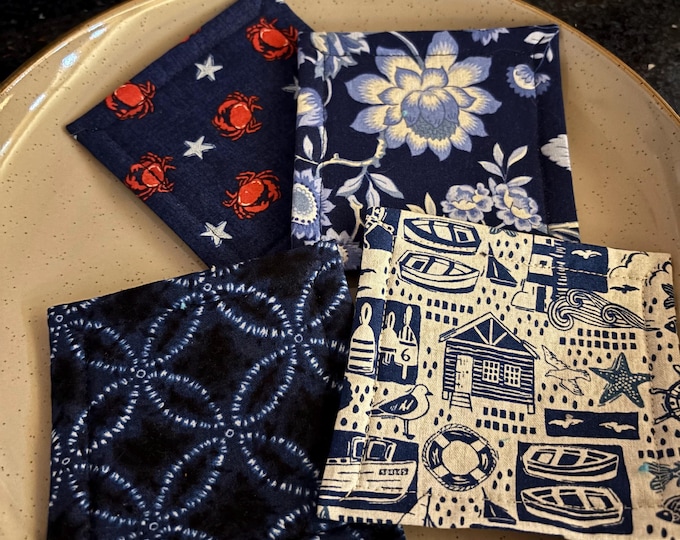 Reusable Kitchen Sponges, Nautical Blue Fabric, Eco Friendly Set of 4