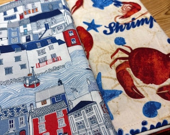 Red and Blue Nautical Crab Boat Theme Cloth Napkins, Set of 4, 100% Cotton