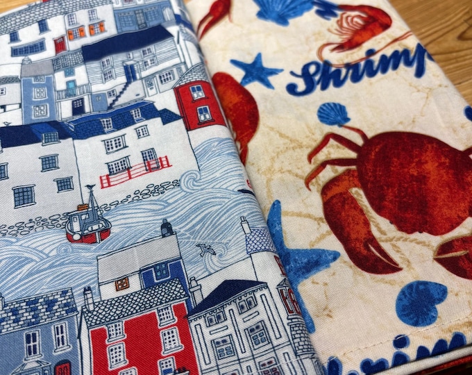 Red and Blue Nautical Crab Boat Theme Cloth Napkins, Set of 4, 100% Cotton