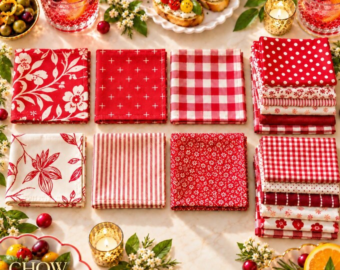 Red and White Cotton Cocktail Napkins, Set of 6, Mixed Prints, Reusable Party Napkins
