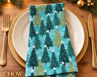 Christmas Tree Cotton Napkins, Set of 4, 18 Inch, Teal, Red and Green, Holiday Table Decor