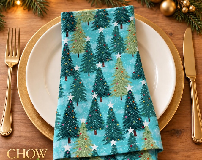Christmas Tree Cotton Napkins, Set of 4, 18 Inch, Teal, Red and Green, Holiday Table Decor