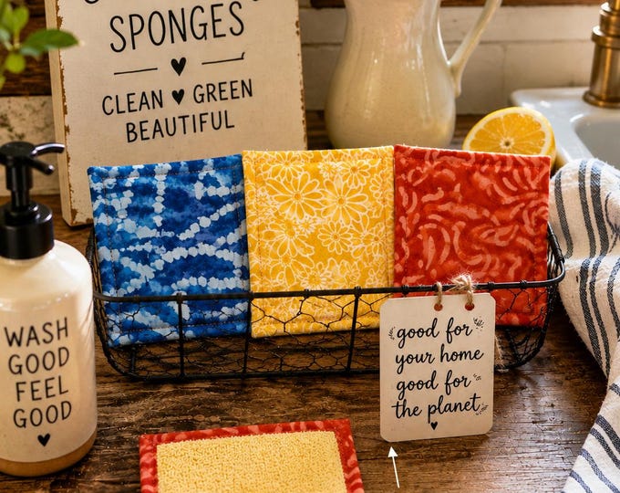 Set of 3 Boho Fabric Reusable Kitchen Sponges, Eco Friendly, Washable Cleaning Tool