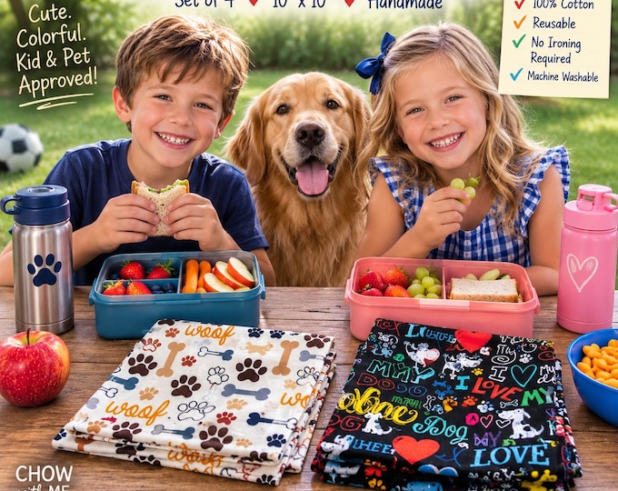 Dog Print Lunchbox Cloth Napkins – Set of 4, 10 Inch Cotton, No Ironing Required