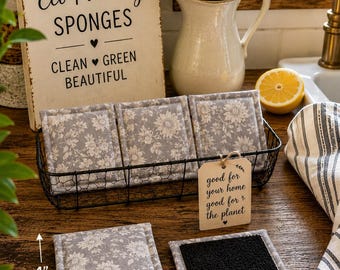 Reusable Kitchen Sponges - Grey Floral Print, Eco-Friendly Set of 3