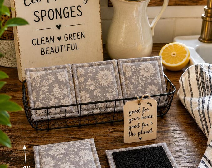 Reusable Kitchen Sponges - Grey Floral Print, Eco-Friendly Set of 3