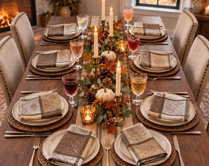 Fall Thanksgiving Cloth Napkins, Brown Tan Hunter Green, Set of 8, Large Dinner Size