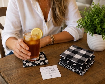 Black and White Beverage Coasters, Reversible, Set of 4, 100% Cotton