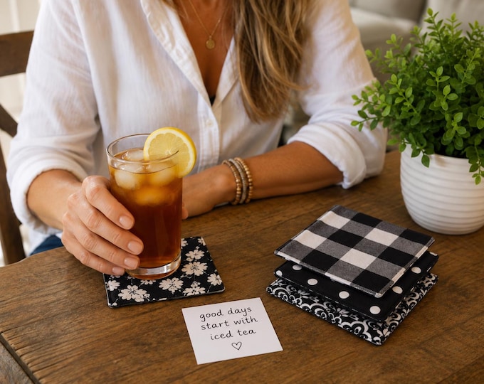 Black and White Beverage Coasters, Reversible, Set of 4, 100% Cotton