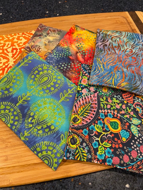 Boho Mug Rug, Reversible Condiment / Snack Mats in Assorted Bohemian, Junk Gypsy Fabrics, Set of 4, Rectangular, 5 X 7 inch