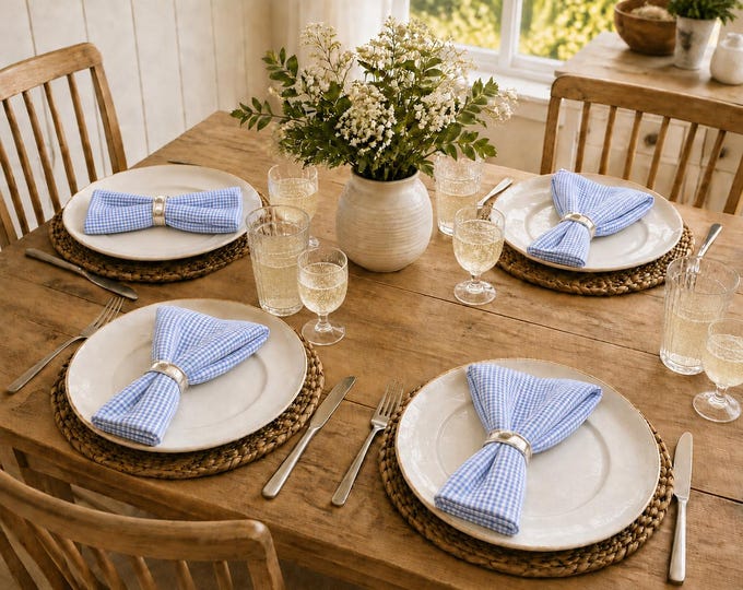 Periwinkle Blue Gingham Cloth Napkins - Set of 4, Cotton Fabric
