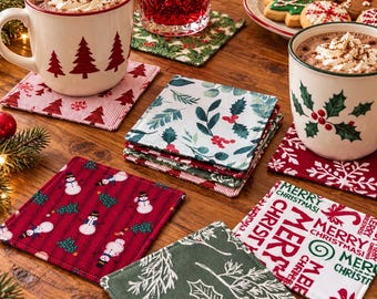 Handmade Reversible Fabric Coasters, Christmas Holiday Drink Protection (4.5 Inch)