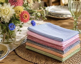 Seersucker Cloth Napkins, Set of 4, Handmade, Striped Cotton Fabric