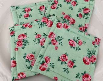 Eco - Friendly Washable Sponges, Set of 4, Green, Pink and Light Red Floral Print, Reusable Kitchen Wipes, gift for green-conscious friends!