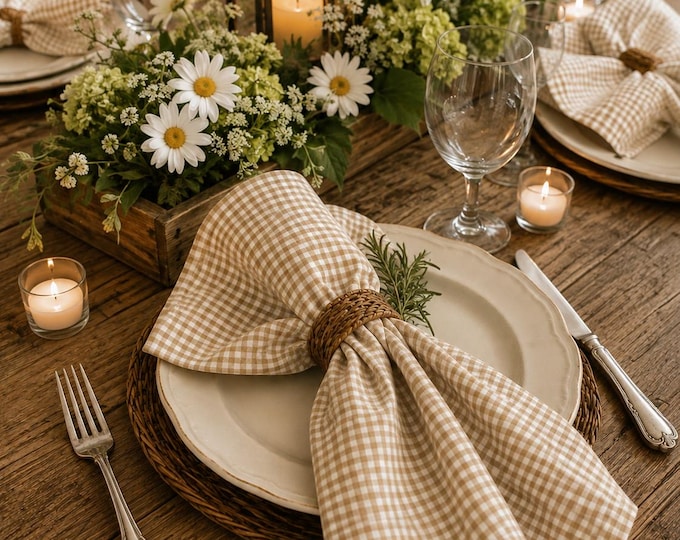 Cotton Gingham Cloth Napkins - Tan and White, Set of 4, No Ironing Required!