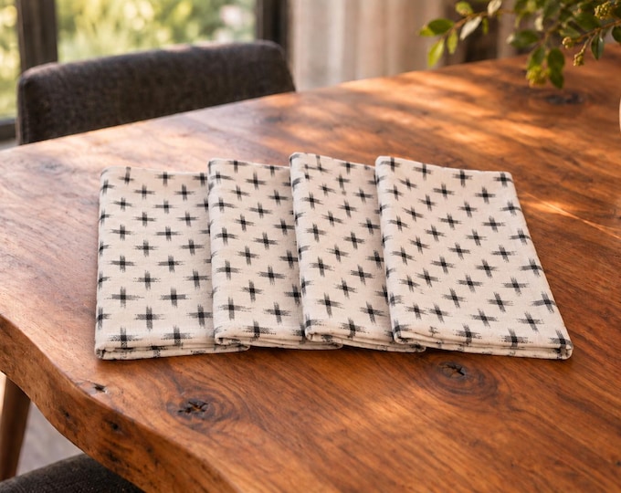 Cream Black Geometric Cotton Napkins, Set of 4, 18x18 Inch Woven Dinner Cloth