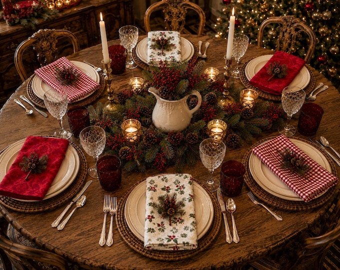 Christmas Cloth Napkins: Cotton Holiday Dinner Set of 6