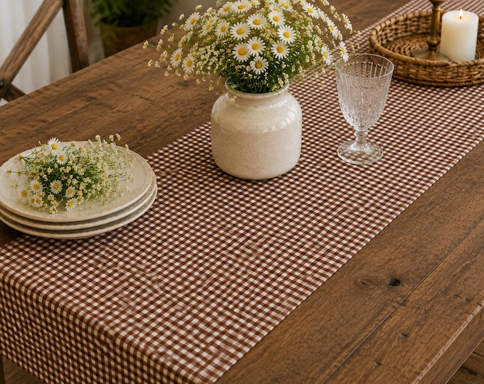 Brown and White 1/8" Gingham Check Table Runner, Holiday Decor