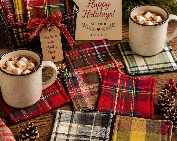 Christmas Plaid Beverage Coasters, Set of 4