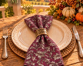 Burgundy and Dep Green Cloth Dinner Napkins – Farmhouse Holiday Table Decor, Set of 4