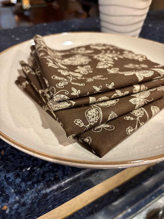 Brown and Tan Floral, Butterfly Cloth Cocktail Napkins - Set of 6, 10 inch, GREAT for Cocktails, Lunchboxes, Small Bites and Everyday Eats!