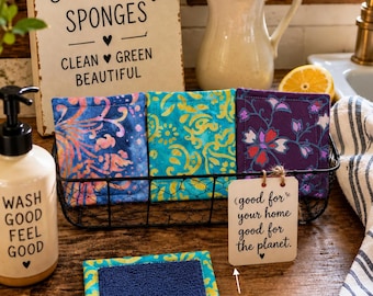 Set of 3 Boho Fabric Reusable Kitchen Sponges, Eco Friendly, Washable Cleaning Tool