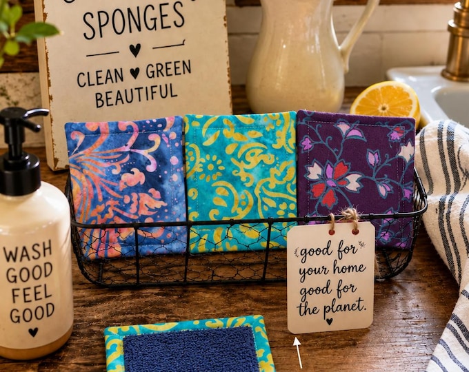 Set of 3 Boho Fabric Reusable Kitchen Sponges, Eco Friendly, Washable Cleaning Tool