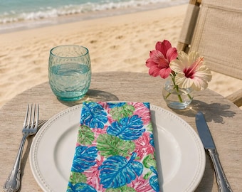Tropical Dinner Napkins, Turquoise, Teal, Pink, Green - Set of 4, Cotton