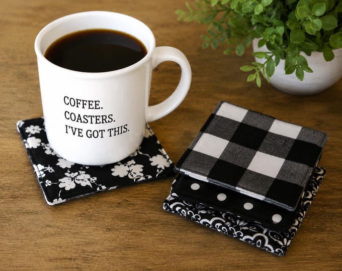 Black and White Beverage Coasters, Reversible, Set of 4