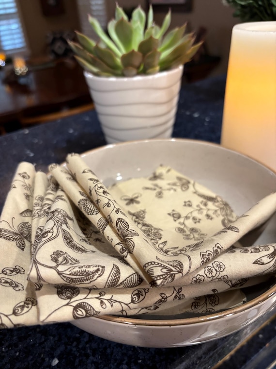 Tan and Brown Floral, Butterfly Cloth Cocktail Napkins - Set of 6, 10 inch, GREAT for Holidays and Everyday Eats! By Chow with ME