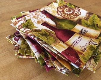 Wine Theme Cloth Cocktail Napkins, Reversible Cotton Napkins, Set of 8