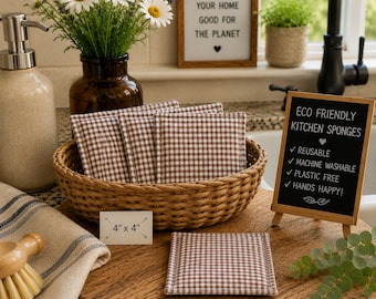 Reusable Gingham Check Kitchen Sponges, Eco-Friendly Cotton Set (3 Pack)