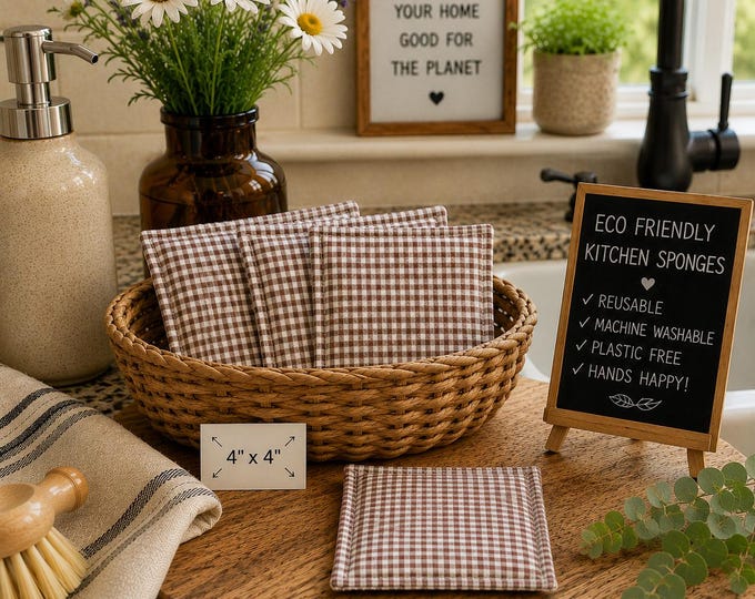 Reusable Gingham Check Kitchen Sponges, Eco-Friendly Cotton Set (3 Pack)