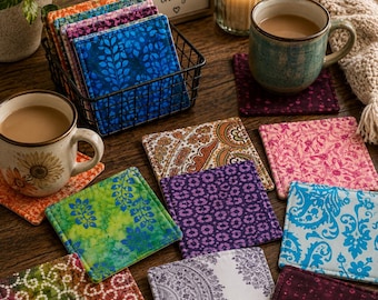 Boho Fabric Coasters, Bohemian Drink Coasters, Set of 4