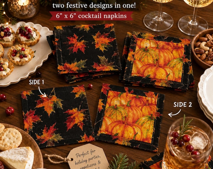 Fall Cocktail Napkins Set of 6, Reversible, No Ironing Required, Bright and Fun