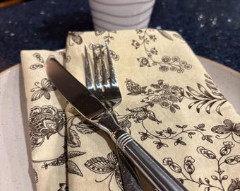 Floral Butterfly Cloth Dinner Napkins, Tan and Brown, Set of 4