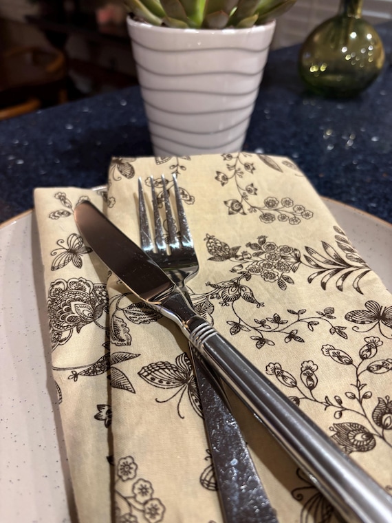 Tan and Brown Floral, Butterfly Cloth Dinner Napkins - Set of 4, 18 inch, GREAT for Holidays and Everyday Eats! By Chow with ME