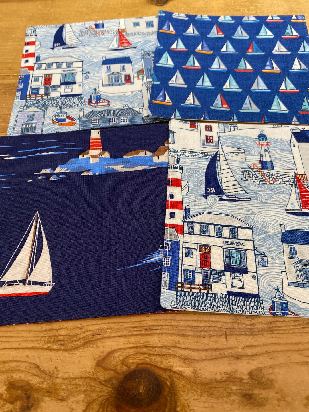Red White and Blue Sail Boat Nautical Set of 4 Reversible - Etsy