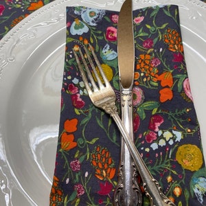 Cloth Napkins - Set of 4 - Grey Pink Orange Blue Gold Flowers - Available in Dinner size or Cocktail size, Wedding, Dinner, Table, Everyday