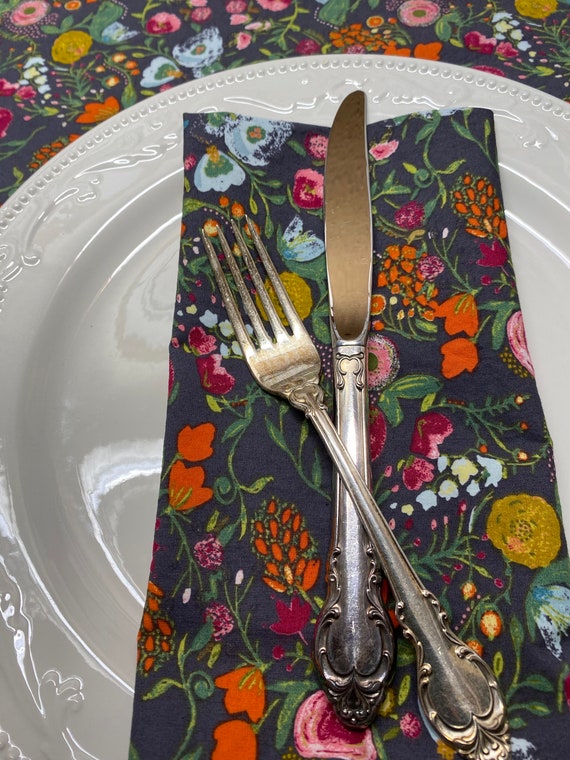 Cloth Napkins - Set of 4 - Grey Pink Orange Blue Gold Flowers - Available in Dinner size or Cocktail size, Wedding, Dinner, Table, Everyday