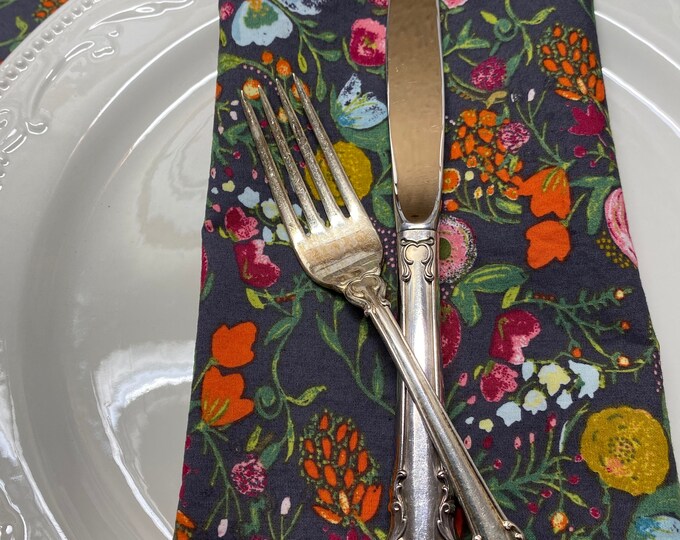 Cloth Napkins - Set of 4 - Grey Pink Orange Blue Gold Flowers - Available in Dinner size or Cocktail size, Wedding, Dinner, Table, Everyday