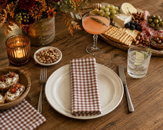 Cocktail Napkins, Brown and White Gingham Check, Set of 8, 100% Cotton