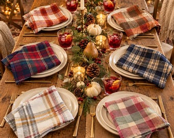 Fall Earth Tone Plaid Cloth Napkins, Soft Cotton, Set of 8
