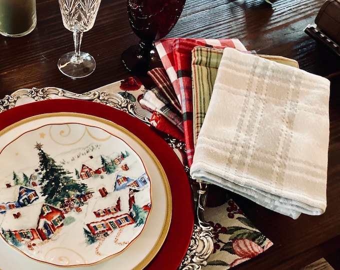 Christmas Plaid Cloth Napkins, Set of 6, Americana Farmhouse Cotton