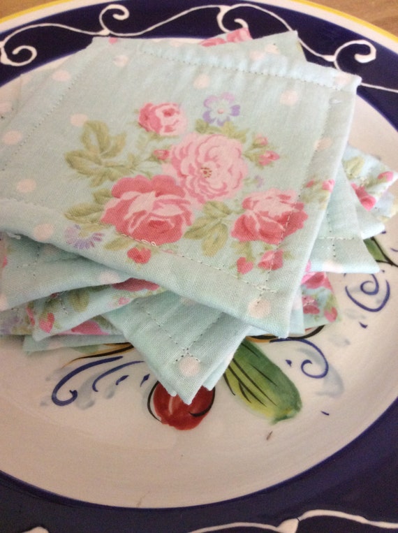 Cottage Chic Reusable Sponge, Set of 3, Dish Cloth, Eco Friendly Washable Sponge, Shabby Elegant, Chic Farmhouse Florals Baby Blue and Pink