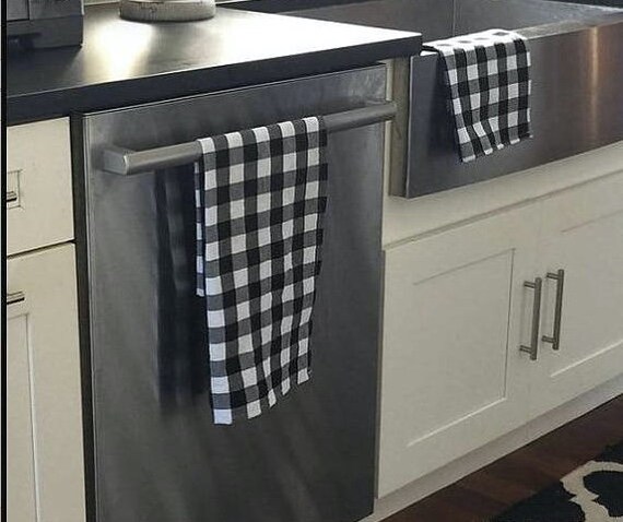 Black Buffalo Check Kitchen Towels And Dishcloths Set White and Black Plaid  100% Cotton 8 Piece